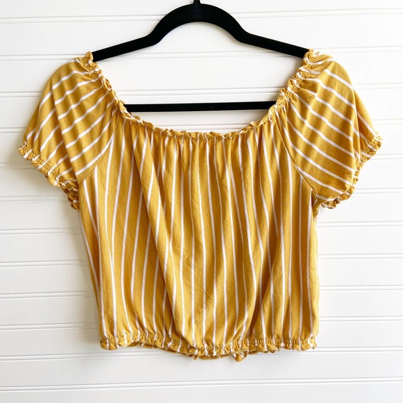 American Eagle Outfitters Tops - American Eagle Small Yellow Stripe Off Shoulder Linen Crop Top